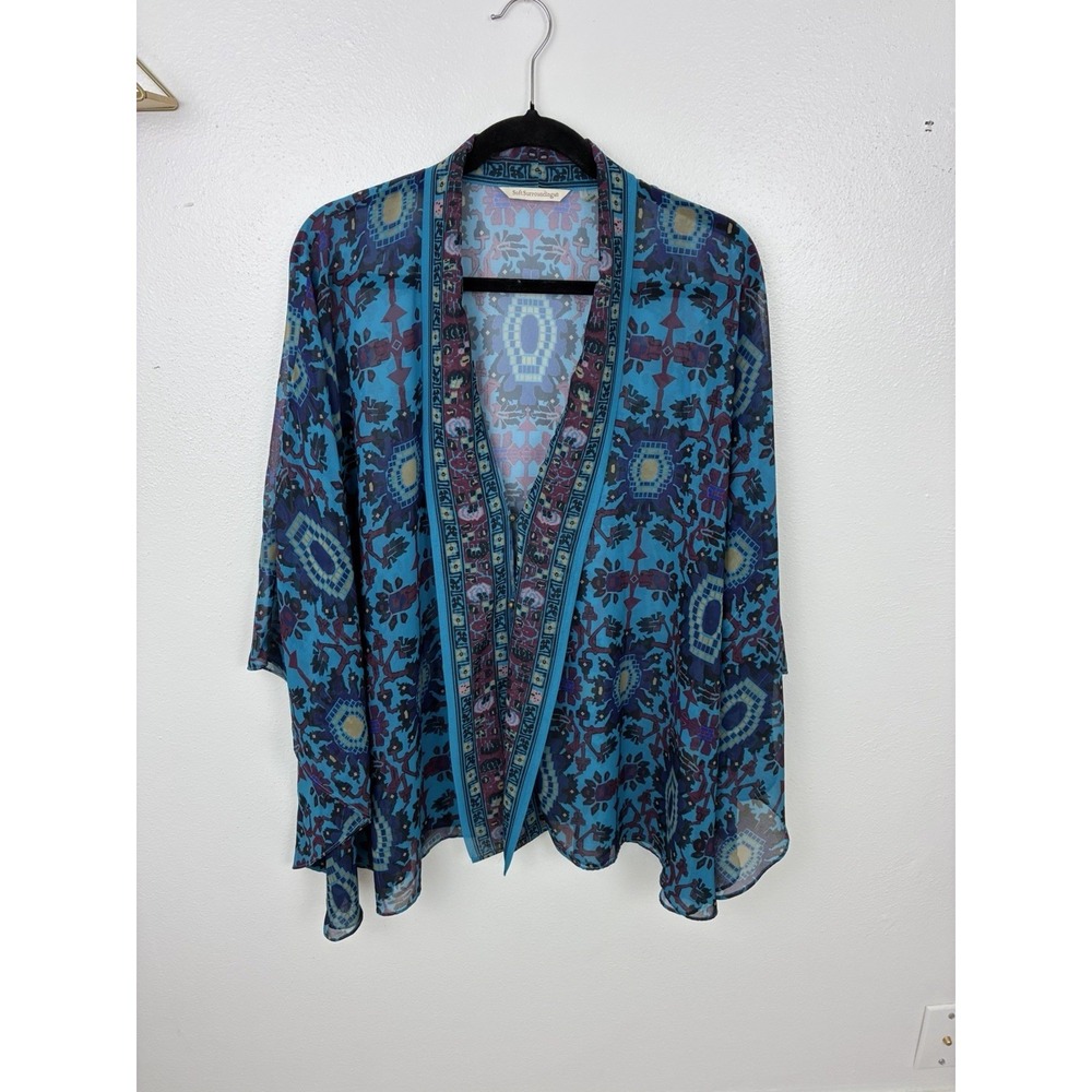 Soft Surroundings Sheer Kimono Topper Blue Abstract Boho Cardigan Shrug OS